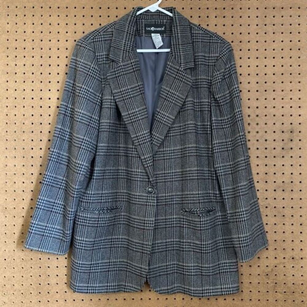 Vintage Blazer Jacket Preppy Academia‎ Plaid Wool Gray Black Sag Harbor Size 16